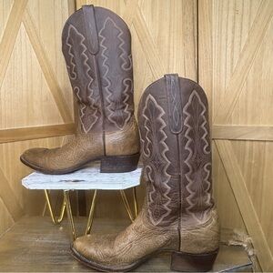 Larry Mahan Brown Men’s Cowboy Boots with Ornate Stitching